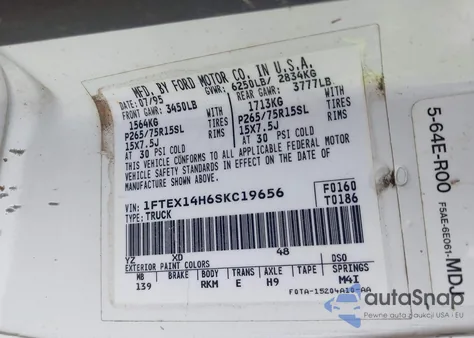 1995 Ford F150 из США, поврежденный, VIN 1FTEX14H6SKC19656